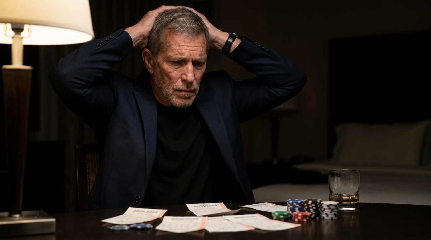 Mike Carter distressed at a table with chips and receipts