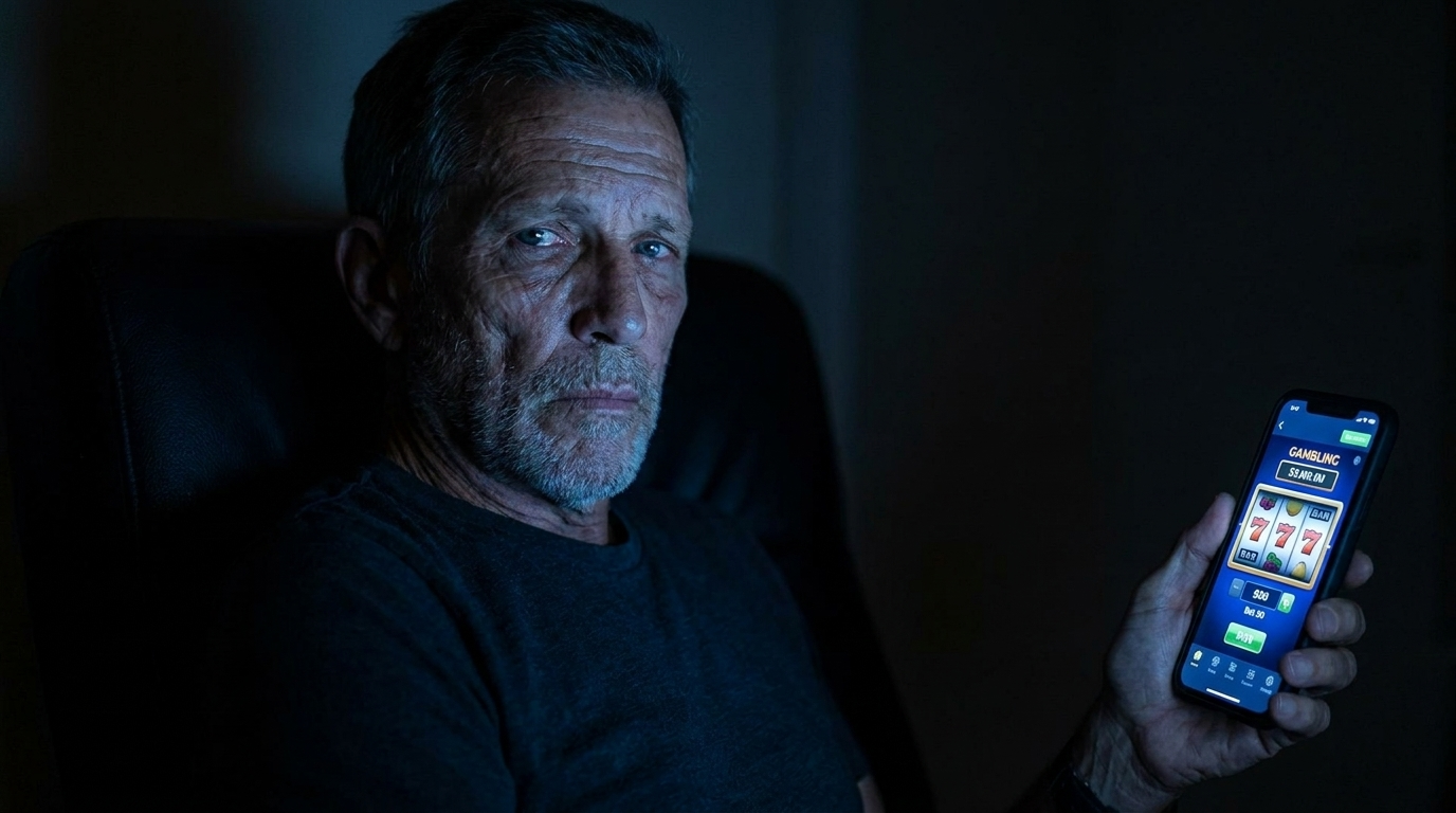 Mike Carter in a dark room holding a phone with a gambling app